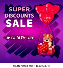 Violet Valentine with red hearts in the form of balloons and with a cute puppy, super discount sale on Valentine's Day