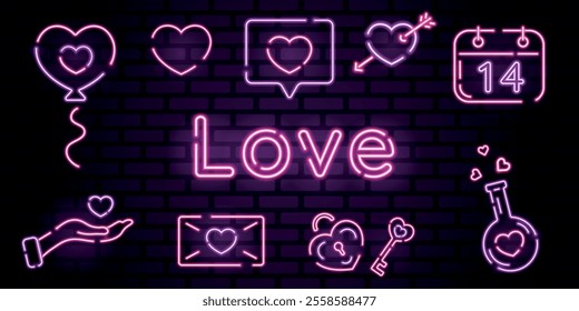 Violet Valentines day neon collection.Love stickers and icons. Isolated neon elements.Baloon, hearts, chat, calendar, envelope, bottle, lock and key, hand.Wedding concept.Vector illustration.