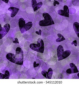 Violet valentines hearts, ovals, curved stripes and stains for greeting card, home design, textiles and wrapping paper. Abstract seamless background.