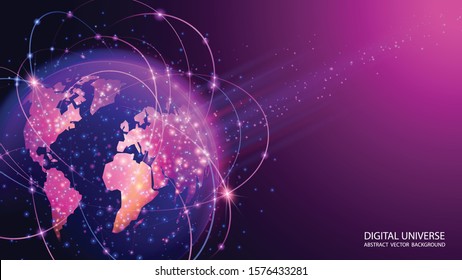 Violet vector background. Planet Earth from space. Flickering lights of cities. Map of the mainland. Global communications system and the World Wide Web. Technologies and communications. Globalization