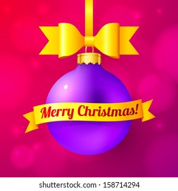Violet vector Christmas ball with yellow ribbon and sign