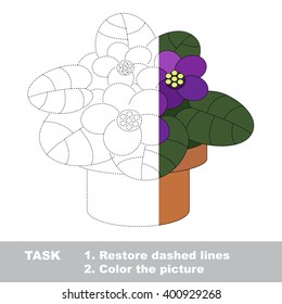 Violet in vector colorful to be traced. Restore dashed line and color the picture. Visual game for children. Worksheet to be colored.
