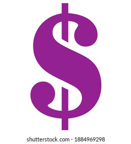 Icono del vector violeta del signo del dólar en fondo blanco.