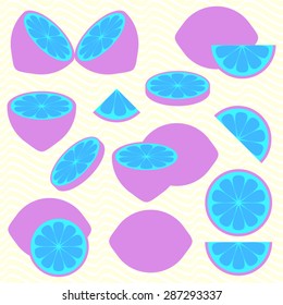 Violet vector lemon icons isolated on wavy lines