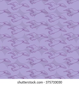 Violet vector pattern with seagulls. Birds background