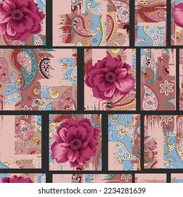 violet vector stock flowers with seamless paisley bandanna pattern on texture background
