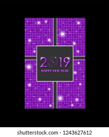 Violet vector vintage gift card design with shining rounds background isolated on black. New Year 2019 gift box concept. Vector illustration