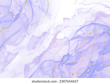 Fondo acuático vectorial violeta con brillo dorado para diseño de portada, tarjeta, volante, afiche. Efecto de dibujo de la tinta de alcohol. Plantilla de diseño de ilustración abstracta para invitación a boda. 
