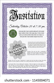 Violet Vintage invitation. With complex background. Detailed. Cordial design. 