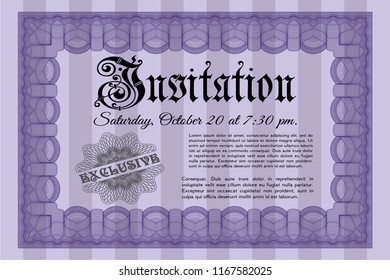 Violet Vintage invitation. With complex background. Elegant design. Vector illustration. 