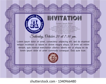 Violet Vintage invitation. Complex background. Money Pattern. Detailed. 