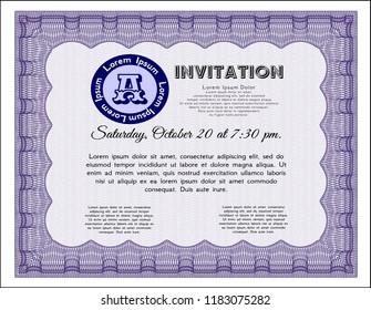 Violet Vintage invitation. With complex linear background. Detailed. Money Pattern design. 