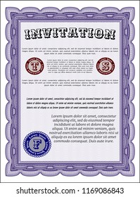 Violet Vintage invitation. Cordial design. With linear background. Detailed. 