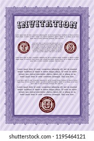 Violet Vintage invitation. Detailed. With complex linear background. Money Pattern. 