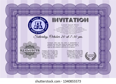Violet Vintage invitation. Excellent design. Vector illustration. With great quality guilloche pattern. 