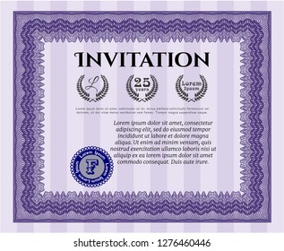 Violet Vintage invitation. With great quality guilloche pattern. Vector illustration. Modern design. 