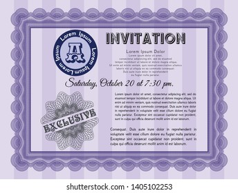 Violet Vintage invitation. With linear background. Detailed. Money Pattern. 