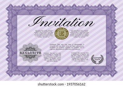 Violet Vintage invitation. Modern design. With guilloche pattern. Vector illustration. 