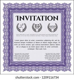 Violet Vintage invitation. Sophisticated design. With linear background. Detailed. 