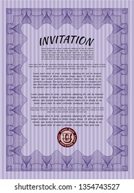 Violet Vintage invitation. Superior design. With guilloche pattern and background. Detailed. 