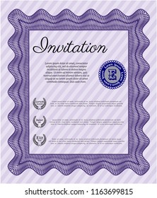 Violet Vintage invitation template. With complex linear background. Vector illustration. Sophisticated design. 