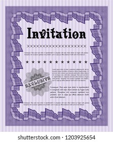 Violet Vintage invitation template. With complex linear background. Artistry design. Detailed. 