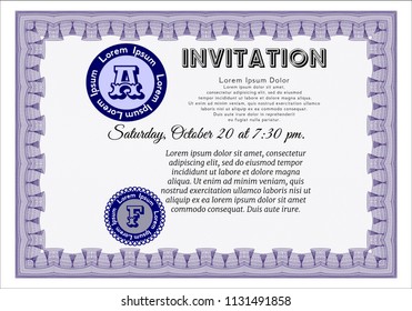 Violet Vintage invitation template. Excellent design. Vector illustration. With great quality guilloche pattern. 