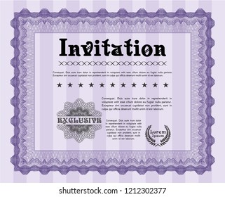 Violet Vintage invitation template. With great quality guilloche pattern. Sophisticated design. Vector illustration. 