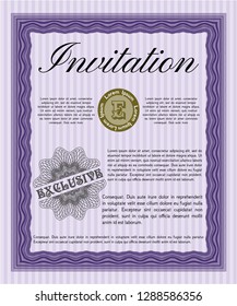 Violet Vintage invitation template. With great quality guilloche pattern. Vector illustration. Sophisticated design. 