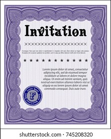 Violet Vintage invitation template. With guilloche pattern and background. Detailed. Sophisticated design. 