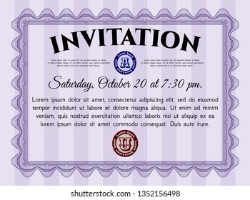 Violet Vintage invitation template. With linear background. Lovely design. Detailed. 