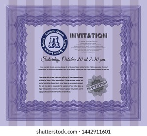 Violet Vintage invitation template. Retro design. With guilloche pattern and background. Detailed. 