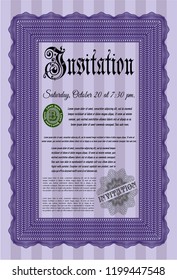 Violet Vintage invitation template. Superior design. Detailed. With guilloche pattern. 