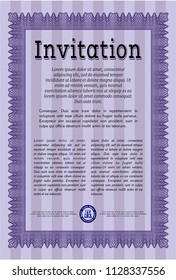 Violet Vintage invitation template. Vector illustration. With linear background. Artistry design. 