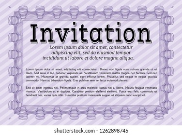 Violet Vintage invitation template. Vector illustration. With guilloche pattern and background. Money Pattern. 