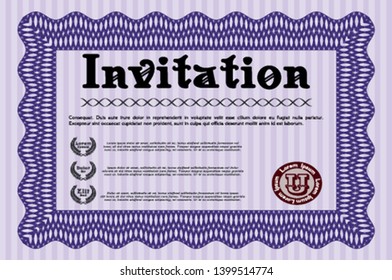 Violet Vintage invitation template. Vector illustration. With guilloche pattern. Superior design. 