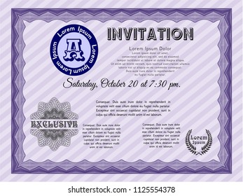 Violet Vintage invitation. Vector illustration. With great quality guilloche pattern. Good design. 