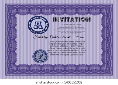 Violet Vintage invitation. Vector illustration. With great quality guilloche pattern. Excellent design. 