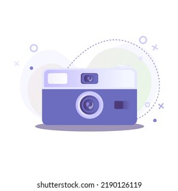 Violet vintage photo camera. Instant Photo camera in flat style on abstract gradient background. Can be used for web banner, website, social media, app, flyer and stickers