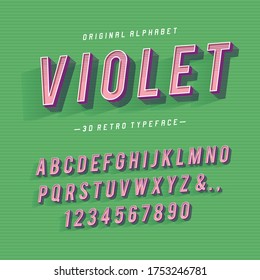  "Violet" Vintage Sans Serif 3D Alphabet. Retro Typeface. Vector Illustration.