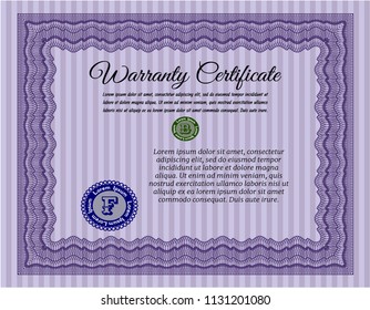 Violet Vintage Warranty Certificate template. Vector illustration. Easy to print. Nice design. 