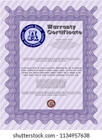 Violet Vintage Warranty Certificate template. With guilloche pattern and background. Vector illustration. Cordial design. 