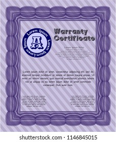 Violet Vintage Warranty Certificate template. Modern design. With complex linear background. Detailed. 