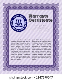 Violet Vintage Warranty Certificate template. Money style design. Vector illustration. With guilloche pattern. 