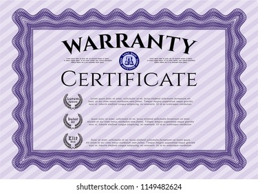 Violet Vintage Warranty Certificate template. Cordial design. With guilloche pattern. Vector illustration. 
