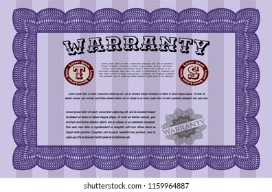 Violet Vintage Warranty Certificate template. Superior design. With background. Detailed. 