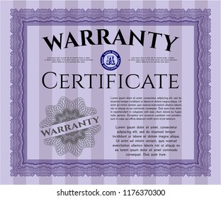 Violet Vintage Warranty Certificate template. With guilloche pattern. Vector illustration. Perfect design. 