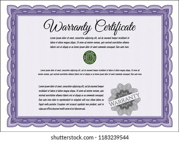 Violet Vintage Warranty Certificate template. With background. Money style design. Vector illustration. 