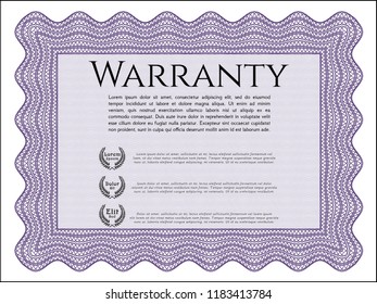 Violet Vintage Warranty Certificate template. Artistry design. Detailed. With linear background. 