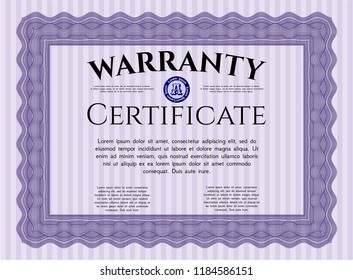 Violet Vintage Warranty Certificate template. With complex linear background. Detailed. Sophisticated design. 